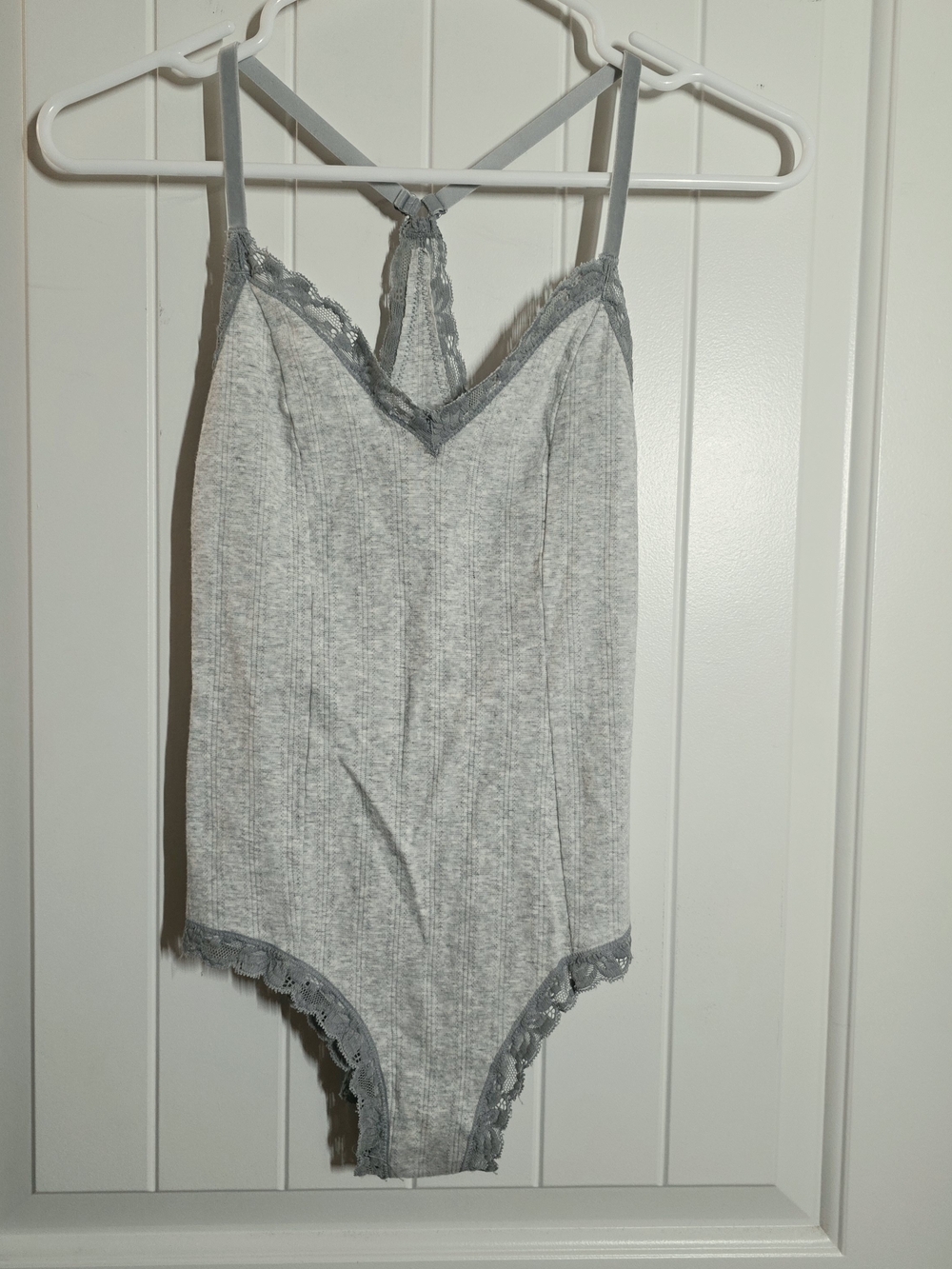 aerie Light Gray Lace-Trim Ribbed Bodysuit - Women Tops